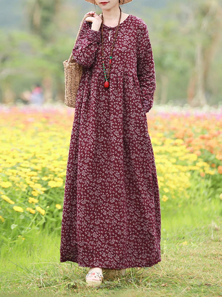 Vintage Blumen Kleid Frau 2025, ZANZEA Herbst Böhmischen Lange Kleider Casual Langarm Maxi Vestidos Lose Robe Femme Oversize