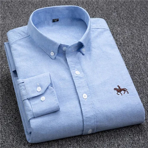 S-6XL Oxford-Hemden für Herren, langärmelig, reine Baumwolle, einfarbig, gestreift, Freizeit, bestickt, Pferd, Streetwear, Business, einfarbig, Büro, 6XL