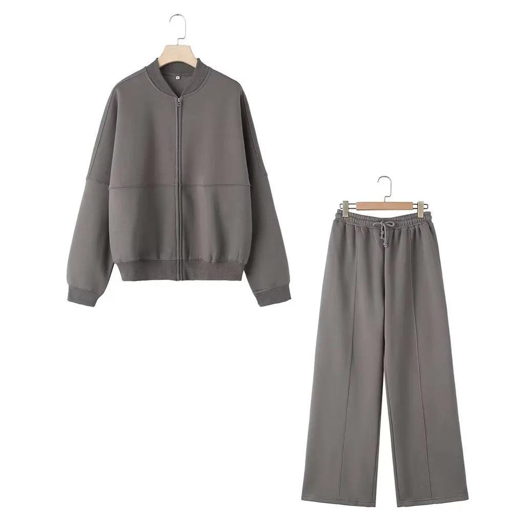 HH Damen Herbst 2-teilig Retro einfarbig Reißverschluss Bomberjacke Sweatshirt + hohe Taille Schnürung Damen Hose mit weitem Bein Street Wear