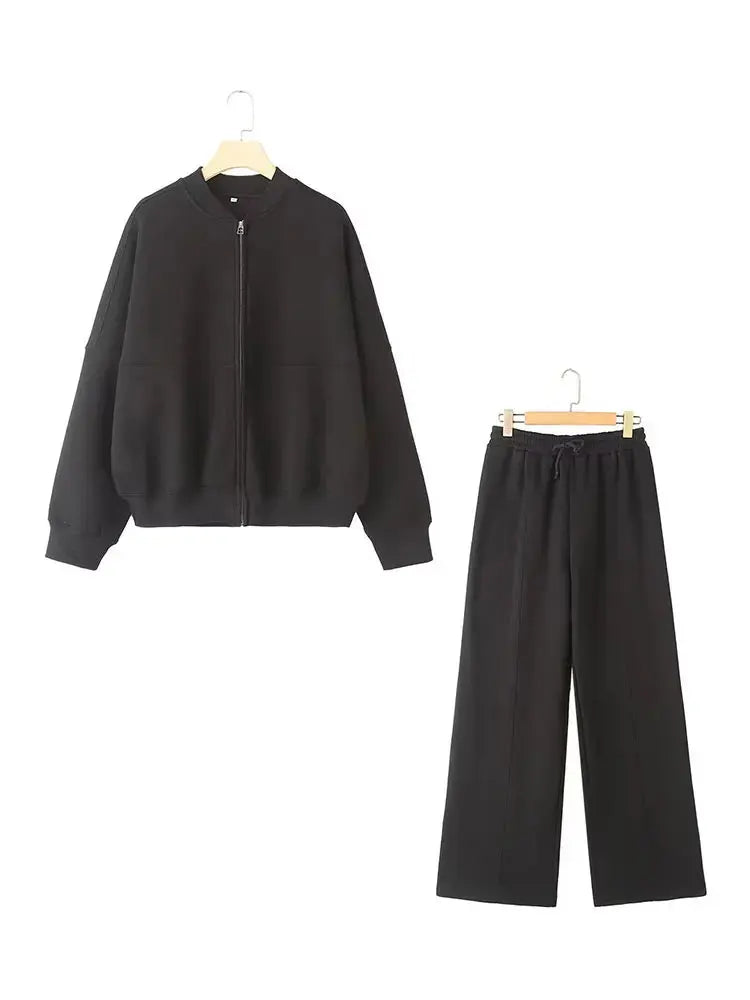 HH Damen Herbst 2-teilig Retro einfarbig Reißverschluss Bomberjacke Sweatshirt + hohe Taille Schnürung Damen Hose mit weitem Bein Street Wear
