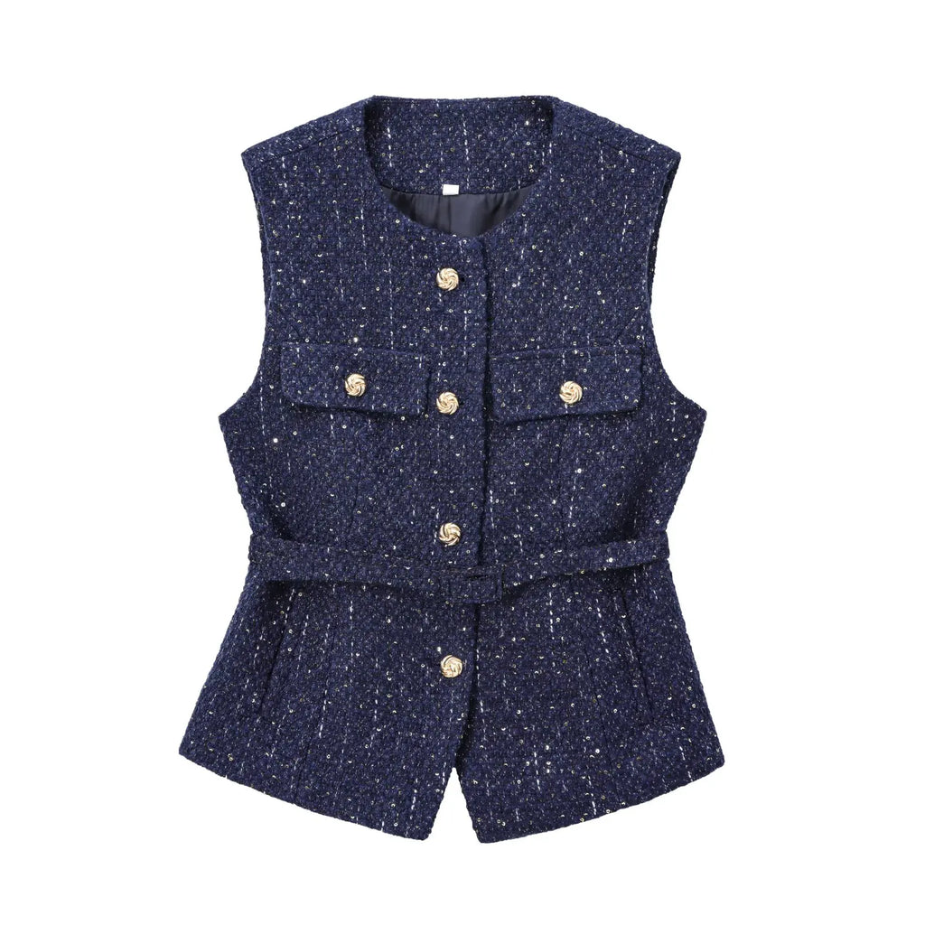 NLZGMSJ 2025 Frühling Damen Weste Top Mode mit Gürtel Slim Fit ärmellose Jacke Top für Frauen Textur Weste Top Neu