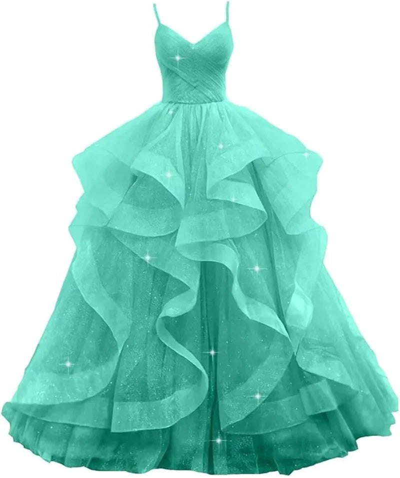 Maßgeschneiderte glitzernde Tüll-Abschlussballkleider, Spaghettiträger, Ballkleider für Frauen, bauschiges, abgestuftes, formelles Abend- und Partykleid