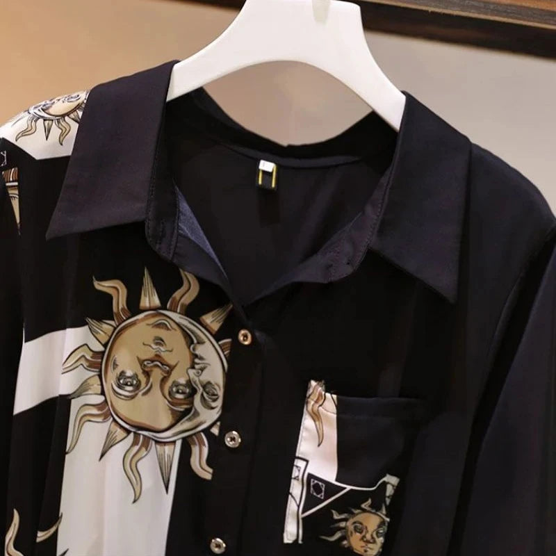 Vintage-Druck, A-Linie, mit Gürtel, lockerer Polo-Ausschnitt, Damenkleid, elegante einreihige, knielange Kleider für Damen, Frühling 2024