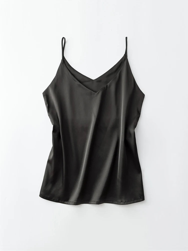 Spaghettiträger-Top für Damen, Neckholder, V-Ausschnitt, Basic, weiß, Cami, ärmellos, Satin-Seiden-Tanktops, Damen-Sommer-Unterhemd