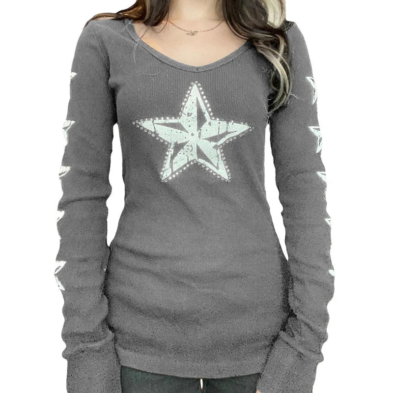 Grunge Cyber Mall Goth Thermo T-Shirt Totenköpfe Grafikdruck Langarm Pullover Tops Damen 90er Jahre Vintage Ästhetische T-Shirts