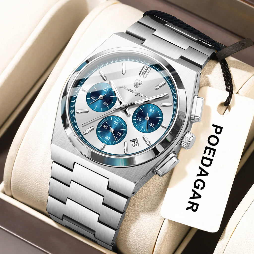 POEDAGAR Top Mode Mann Armbanduhr Chronograph Datum Edelstahl Business Männer Uhr Wasserdicht Leucht männer Quarz Uhren