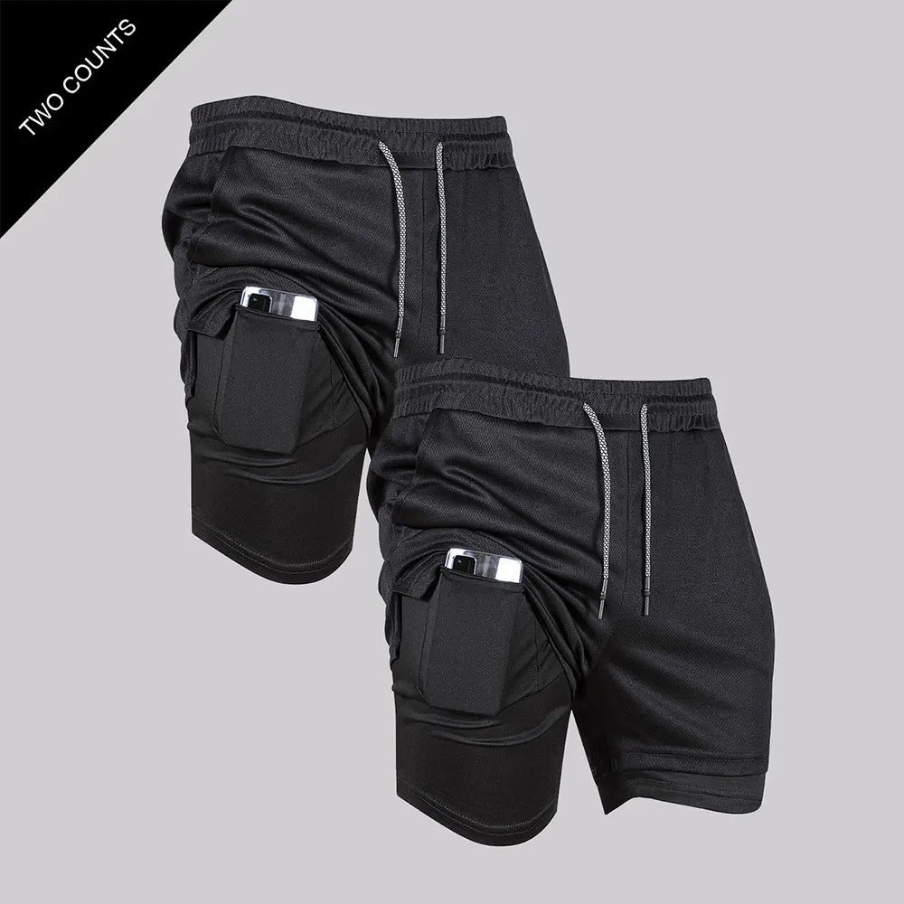 Doppelschichtige Fitness-Shorts für Herren, für Fitness, Fitnessstudio, Training, 2-in-1-Sport-Shorts, schnell trocknend, Workout, Joggen, Doppeldeck, Sommer