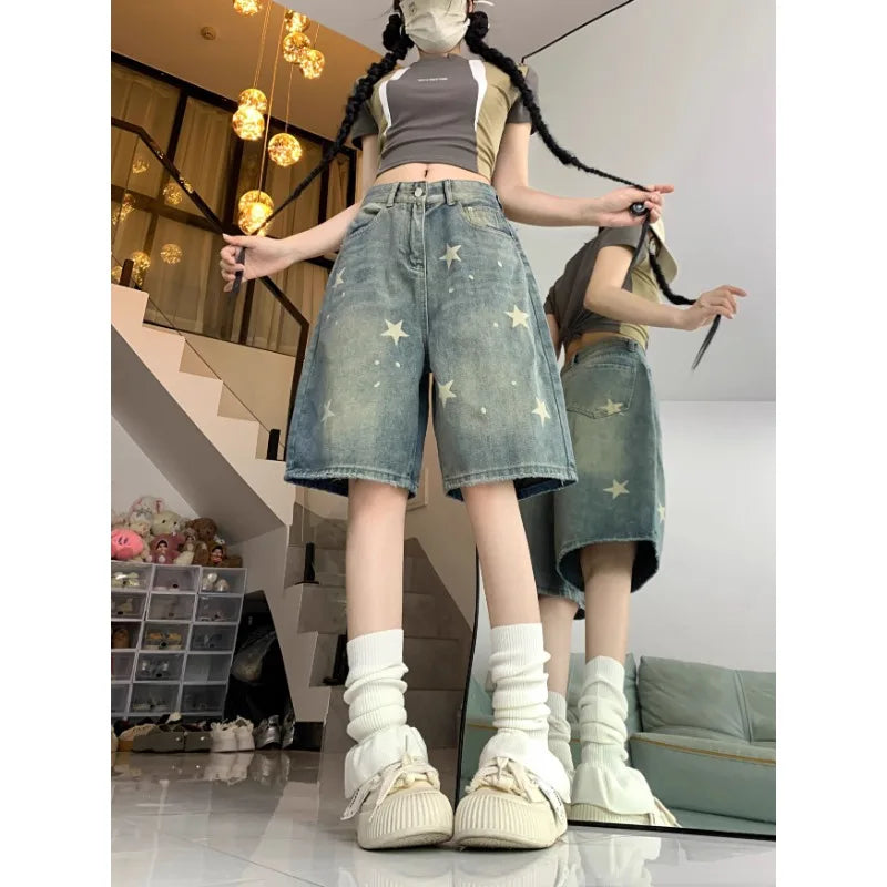 Lässige Damenjeans mit Blumendruck, lockerem, weitem Bein, New American Retro Star Design, gerades Bein, bequeme Stretch-weiche Denim-Shorts
