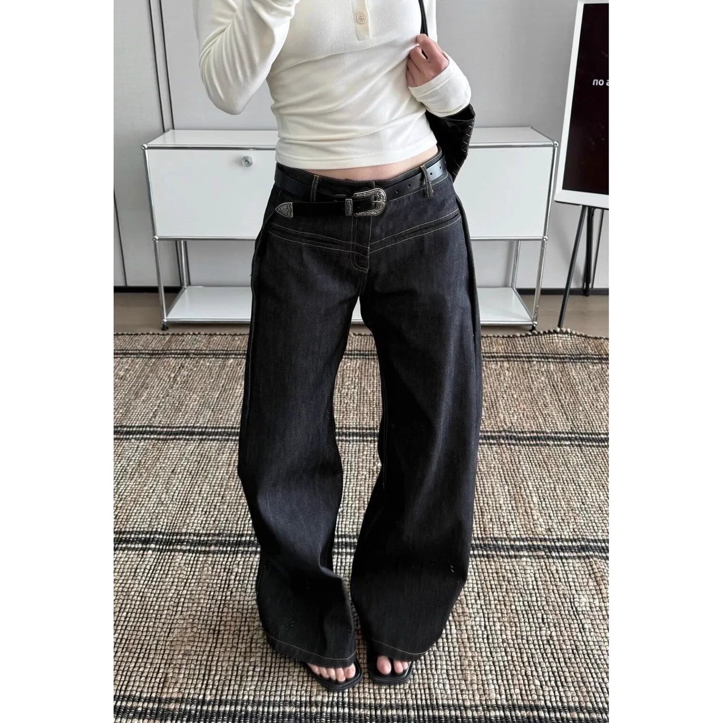 Baggy Denim Hose Washed Vintage High Waist Solid Casual Minimalist Hose Grunge Übergroße Street Retro Jeans