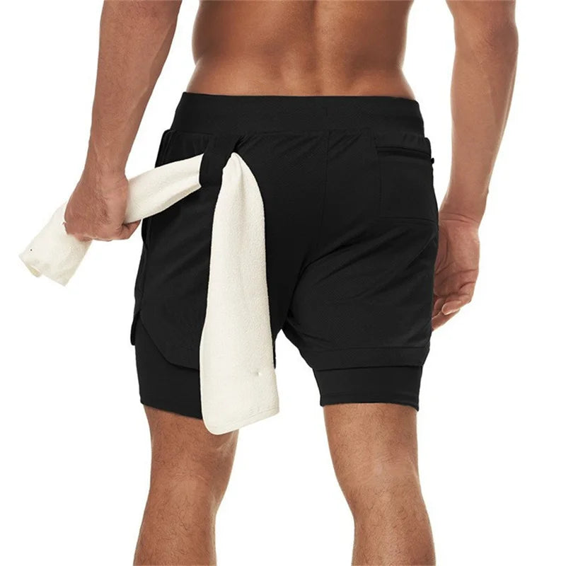 Doppelschichtige Fitness-Shorts für Herren, für Fitness, Fitnessstudio, Training, 2-in-1-Sport-Shorts, schnell trocknend, Workout, Joggen, Doppeldeck, Sommer