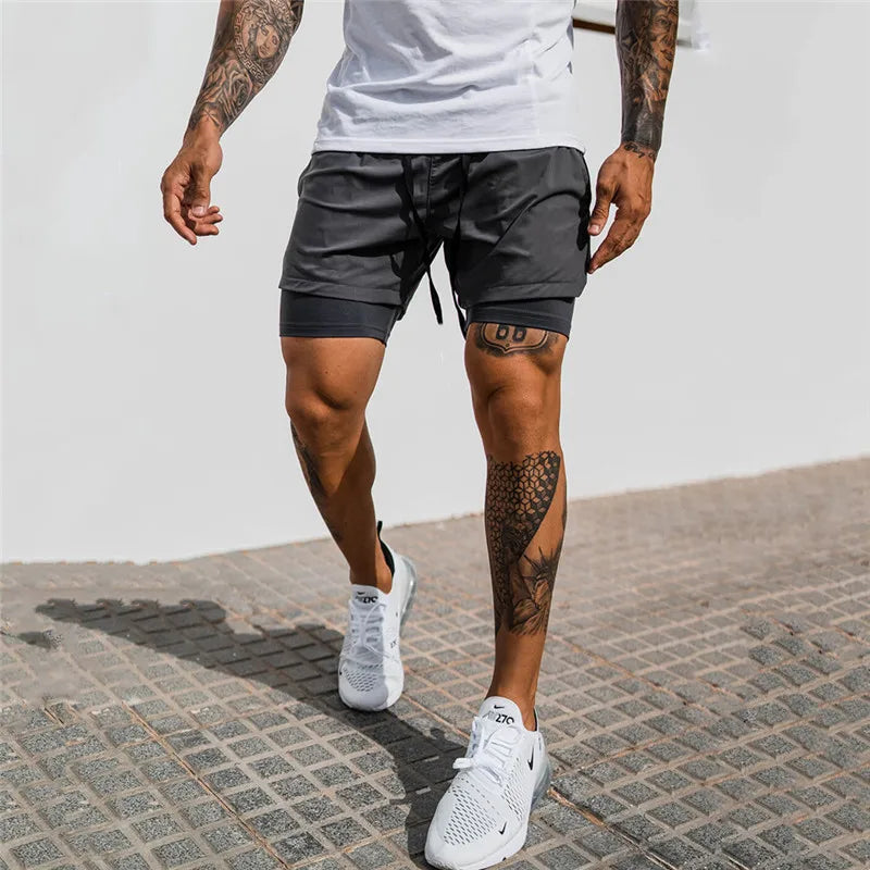NEUE 2-IN-1 Sport Laufen Lässige Atmungsaktive Shorts Männer Doppel-deck Jogging Quick Dry GYM Shorts Fitness Workout männer Shorts