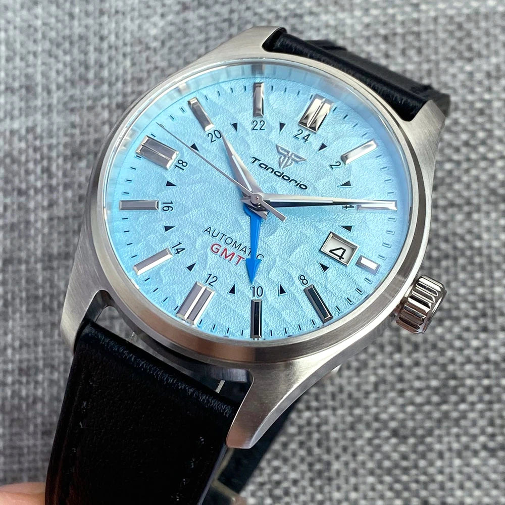 Tandorio Japan NH34 automatische mechanische Uhr für Herren, Taucher-GMT-Uhrwerk, 200 m wasserdicht, 39 mm Saphirglas-Lederband