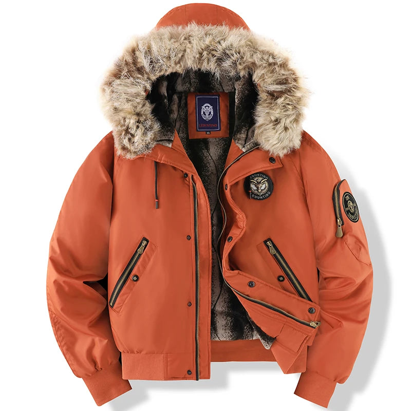 Winterjacke für Herren, abnehmbare Kapuze, langlebig, winddicht, Stoff, Stickerei, dekorative Seitentaschen, Ärmelreißverschluss