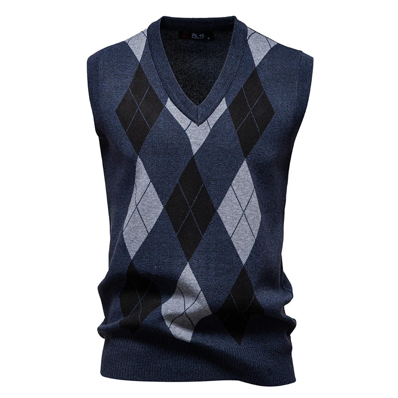 Herren Strickweste Mode Pullover Weste Argyle Muster Weste Fleece gefüttert warme Westen
