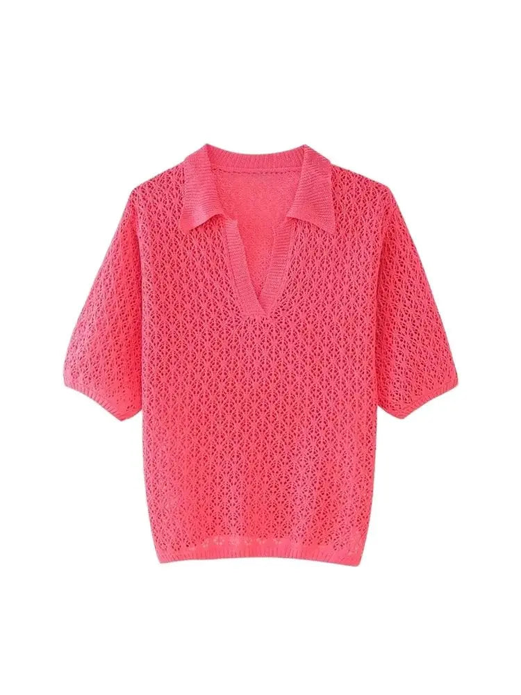 Frauen Mode Pointelle Stricken Lose Pullover Polo Kragen Kurzarm Weibliche Pullover Chic Tops