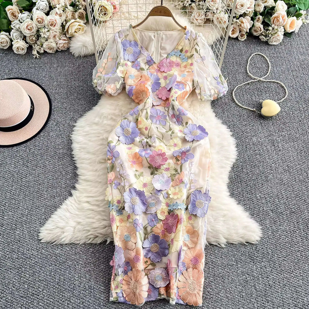 Sommer Luxus Midi Lange Kleider Party Elegante 3D Blume Stickerei Kurzarm Bleistift Tüll Prom Formale Kleid Frauen