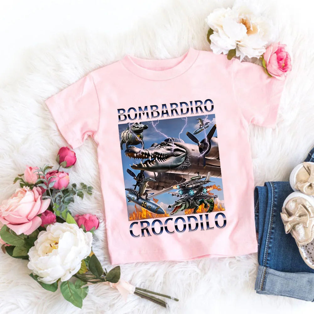 Italienische Brainrot Tiere Kinder Tung Tung Sahur Kurzarm Tops für Kinder Lustige Meme T-Shirt Sommerkleidung