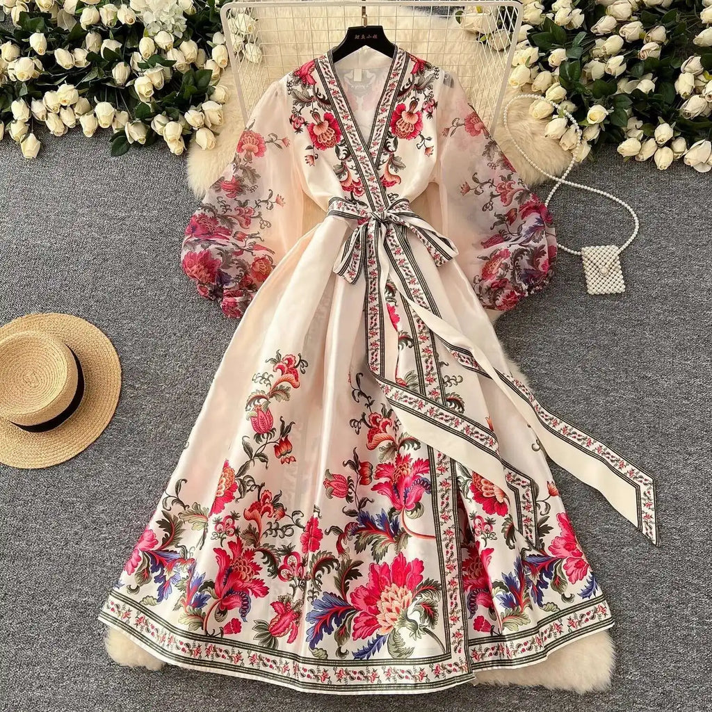 Jamerary Sommer Bohemian Blumen Midi Kleider Frauen kurze Puff Ärmel Kreuz V-Ausschnitt Blumen druck Bandage Schnür Robe lange Vestido