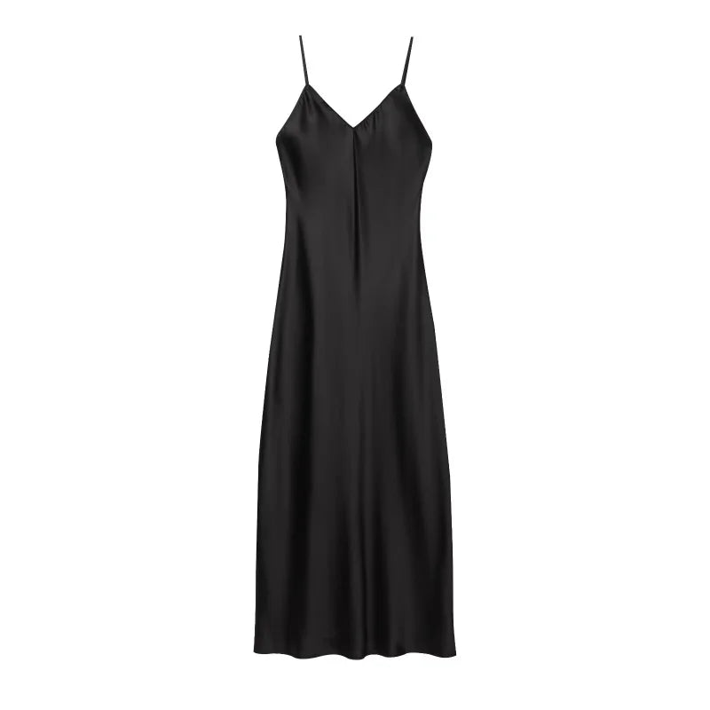 Neues elegantes Damen-Midikleid aus Seidensatin mit sexy Rückenausschnitt für Partys.