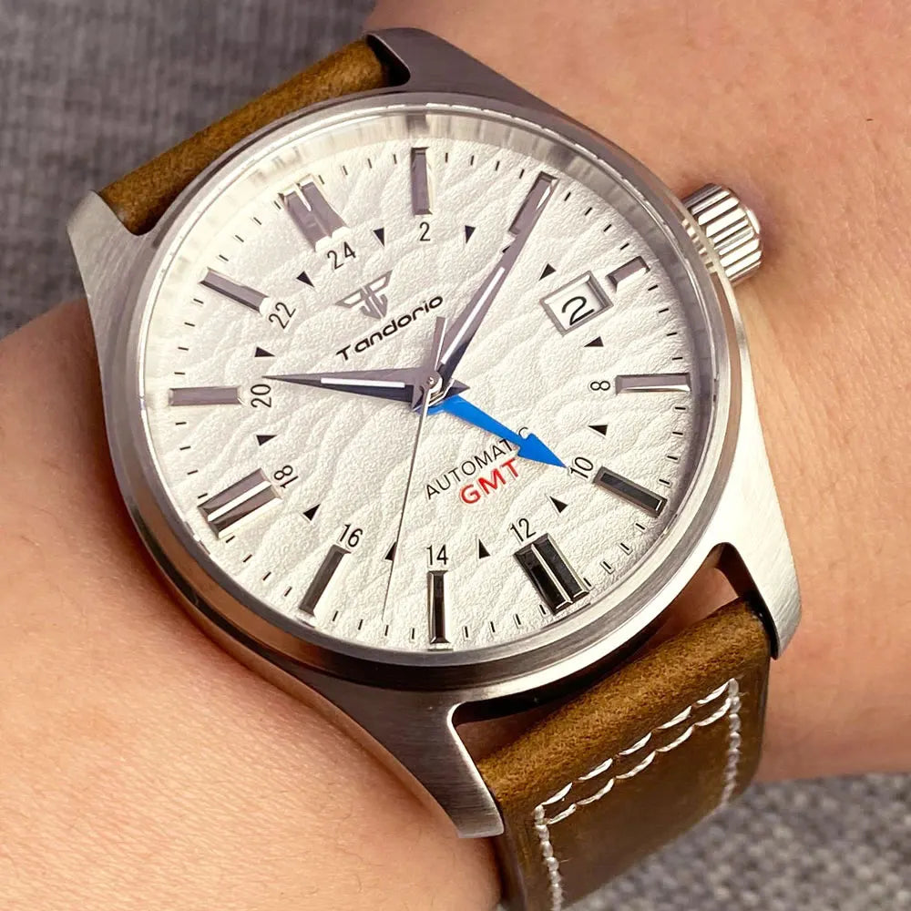 Tandorio Japan NH34 automatische mechanische Uhr für Herren, Taucher-GMT-Uhrwerk, 200 m wasserdicht, 39 mm Saphirglas-Lederband