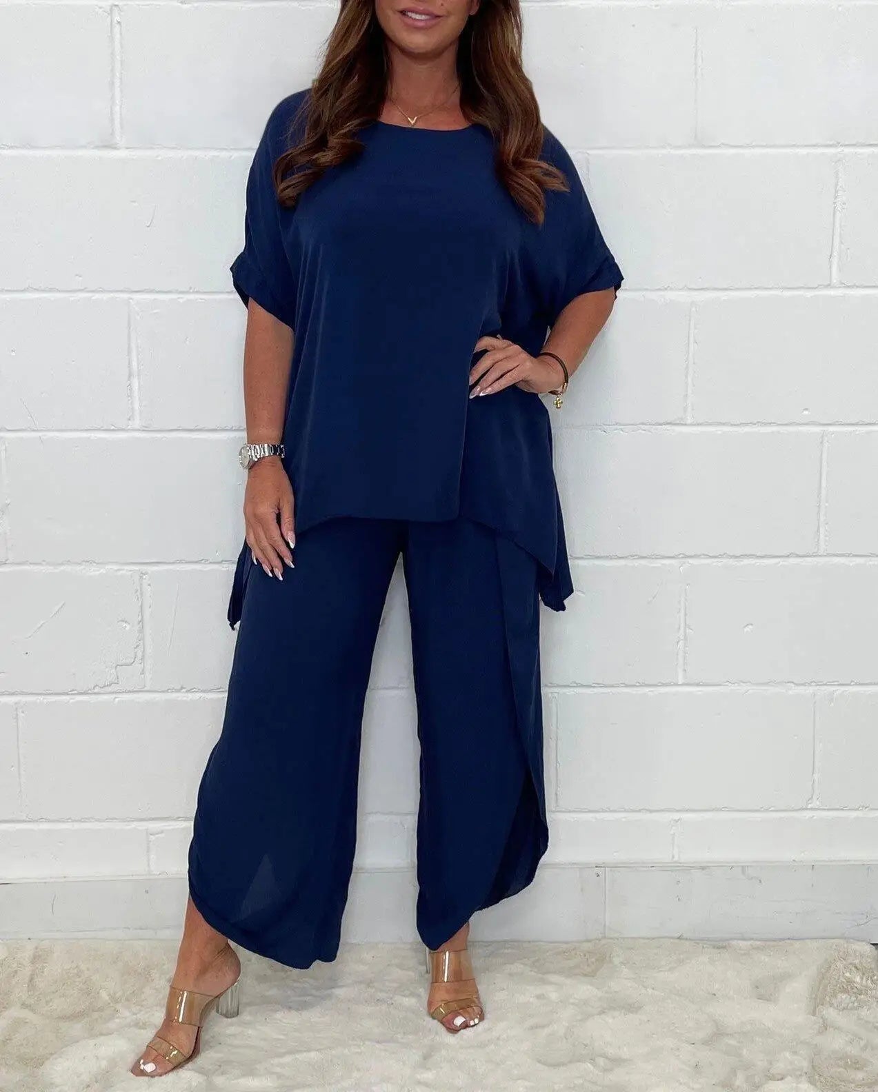 Angebot 15,eur, Einfarbige Hose setzt Frauen kurze Ärmel o Hals T-Shirt und lockere Hose mit weitem Bein zweiteilig Set Mode lässig Dame Anzug