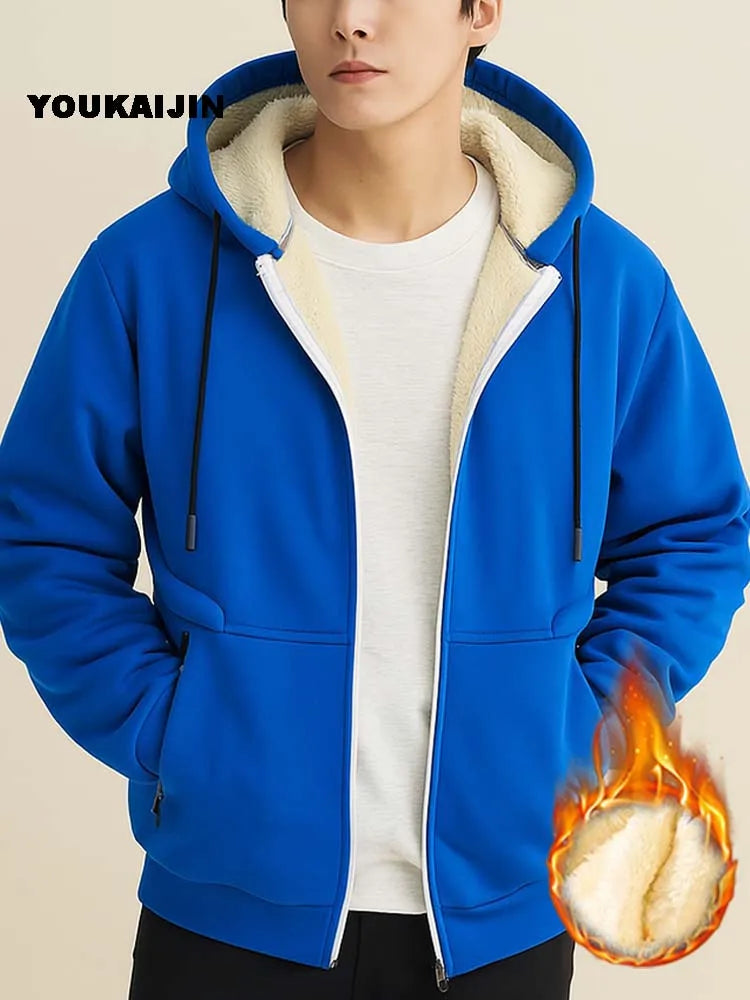 Warmer Fleece-Kapuzenpullover für Herren, Herbst und Winter, mit Sherpa gefüttert, durchgehender Reißverschluss, einfarbig, Sweatshirt-Jackenmantel