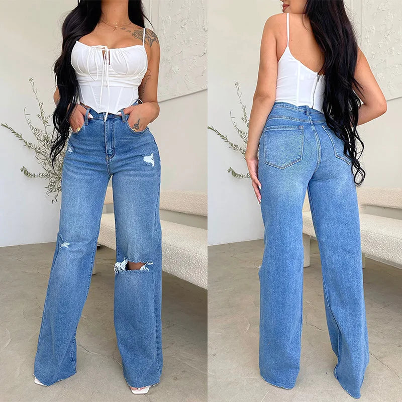 2026 Damen-Jeans mit hohem Bund, zerrissen, mit offener Kante, heiß begehrt, bequeme Wide-Leg-Hose