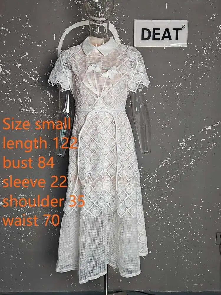 DEAT Elegantes Kleid Spitze Gaze Gespleißt Einfarbig Umlegekragen Kurzarm Schlanke frauen Kleider 2025, Frühjahr Neue 15DZ285