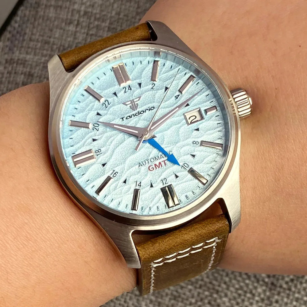 Tandorio Japan NH34 automatische mechanische Uhr für Herren, Taucher-GMT-Uhrwerk, 200 m wasserdicht, 39 mm Saphirglas-Lederband