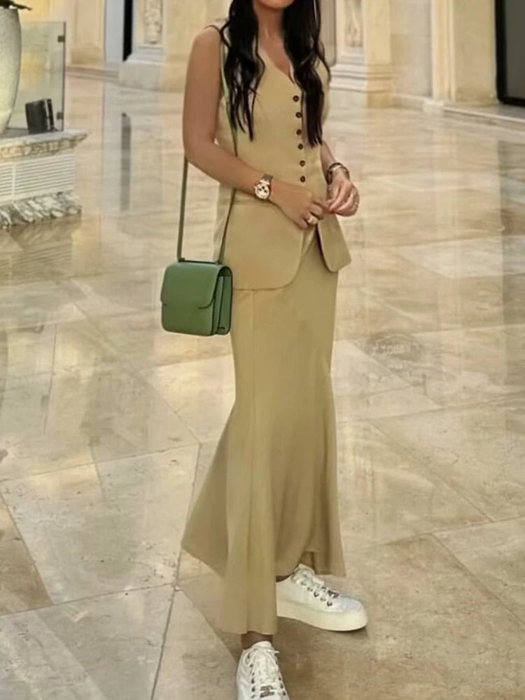 HH Frauen Weste Rock Sets Weibliche Khaki Lange Blazer Weste V-ausschnitt Ärmelloses Dünnes Top + Elegante Hohe Taille EINE linie Rock Anzug ONKOGENE