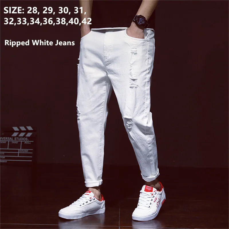 Weiße zerrissene Jeans für Herren, Harem, Jungen, Denim, Distressed, schwarze Hose, Frühling, Sommer, männlich, zerkratzt, Übergröße 40, 42, große Cowboy-Hose