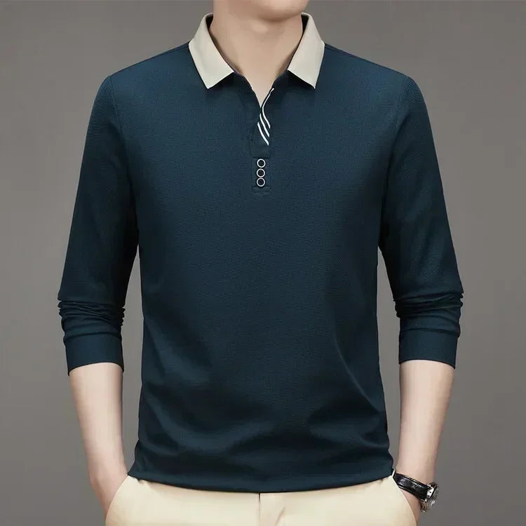 Herren Langarm Umlegekragen Waffel T-Shirt Business Casual Poloshirt T-Shirt