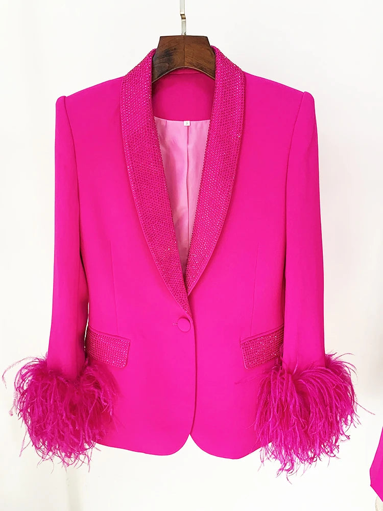 Angebot ,51,99 eur, HIGH STREET Mode 2026 Designer-Jacke Damen Echte Straußenfeder-Jacke mit Diamanten-Verzierung Schalkragen-Blazer