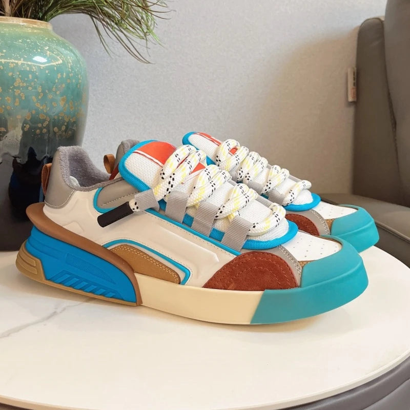 Concise Männer Casual Echtes Leder Turnschuhe Atmungsaktive Mischfarbe Flache Plattform Patchwork Schuhe Sport Täglichen Gehen