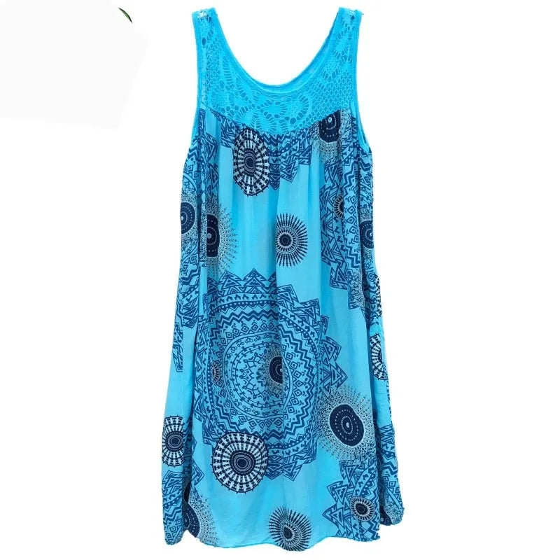 Damenbekleidung, Sommer, ärmelloses Leibchenkleid, Spitzendruck, ärmellos, große Schaukel, lockeres sexy Kleid, langer Rock, Übergröße