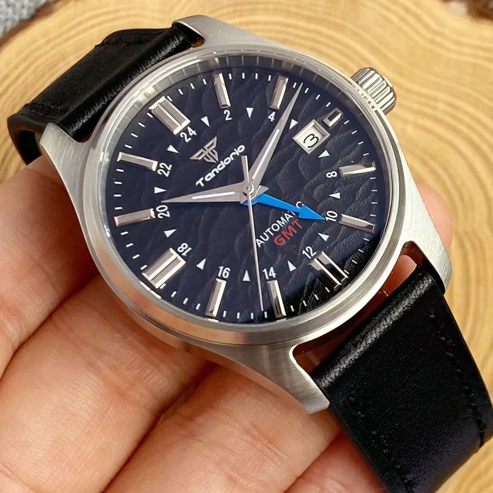 Tandorio Japan NH34 automatische mechanische Uhr für Herren, Taucher-GMT-Uhrwerk, 200 m wasserdicht, 39 mm Saphirglas-Lederband
