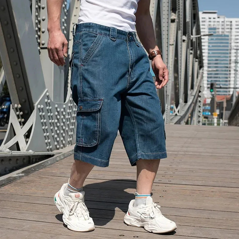 Herren Jeans shorts mit weitem Bein Multi-Pocket 7-Punkt-Arbeit Cargo Jeans Shorts Fett plus Größe Denim Shorts männlich