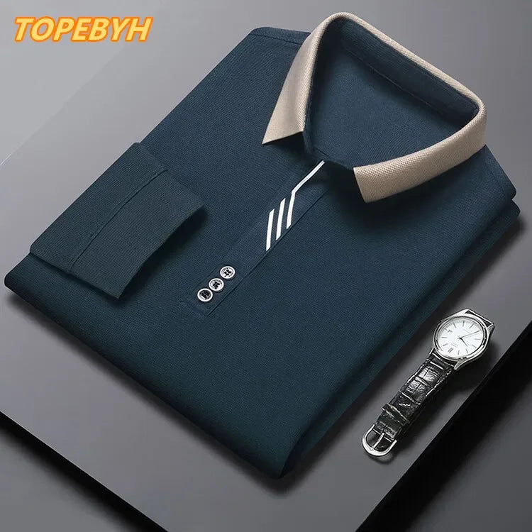 Herren Langarm Umlegekragen Waffel T-Shirt Business Casual Poloshirt T-Shirt