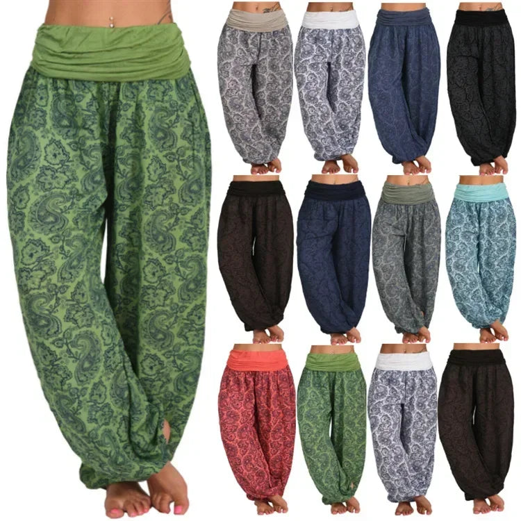 Damen Boho Haremshose – weites Bein, Vintage-Print, elastische Taille