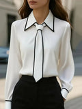 Damenbluse, modisches Hemd, formelle Fliege, langärmelig, kontrastierender Besatz, Oberteile, schmal geschnittene Arbeitskleidung, elegante Büro-Damenhemden für Damen