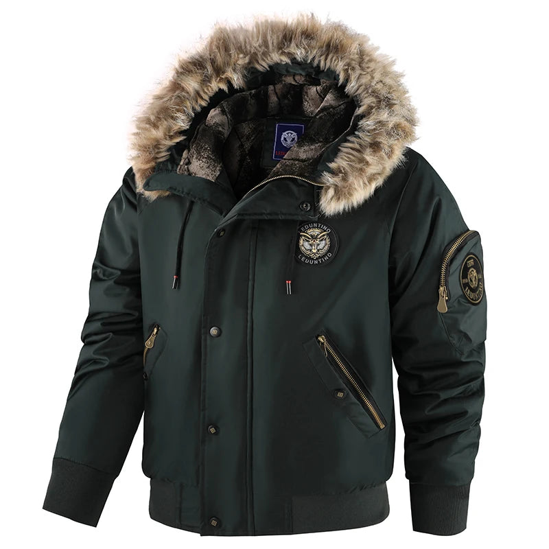 Winterjacke für Herren, abnehmbare Kapuze, langlebig, winddicht, Stoff, Stickerei, dekorative Seitentaschen, Ärmelreißverschluss