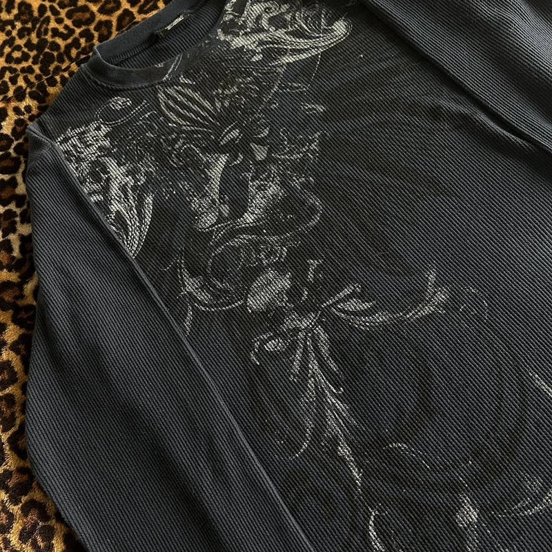 Grunge Cyber Mall Goth Thermo T-Shirt Totenköpfe Grafikdruck Langarm Pullover Tops Damen 90er Jahre Vintage Ästhetische T-Shirts