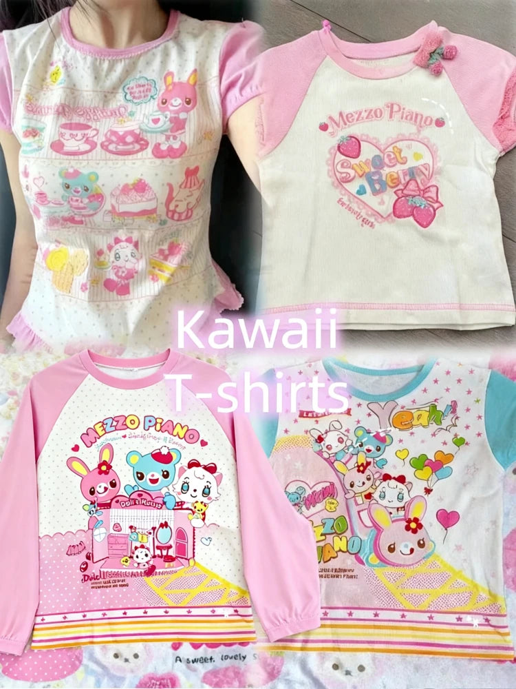 Japanische Kawaii Crop Tops Cartoon Print Harajuku Lolita Kurzarm T-shirts Frauen Y2k Ästhetische Dünne T Vintage Fee Grunge