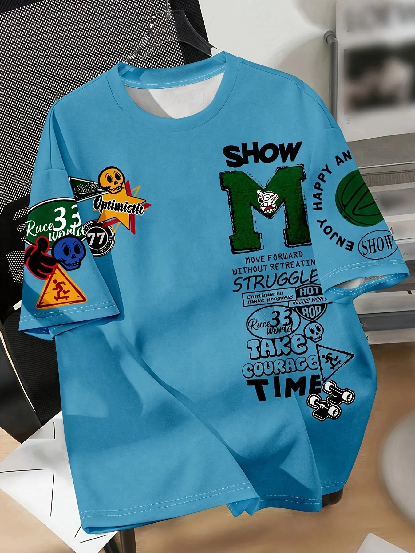Modisches neues Herren-Sommer-T-Shirt mit personalisiertem Buchstaben-Graffiti-Print im Street-Style, atmungsaktiv, Rundhals-T-Shirt im Freien, High-Street-T