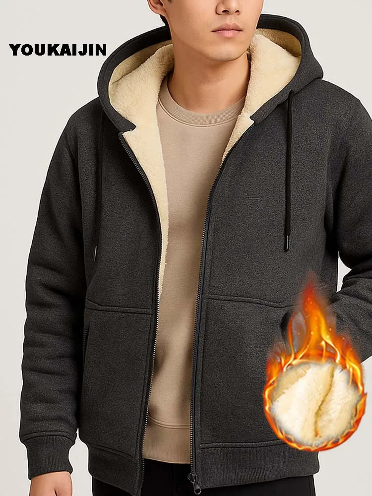 Warmer Fleece-Kapuzenpullover für Herren, Herbst und Winter, mit Sherpa gefüttert, durchgehender Reißverschluss, einfarbig, Sweatshirt-Jackenmantel