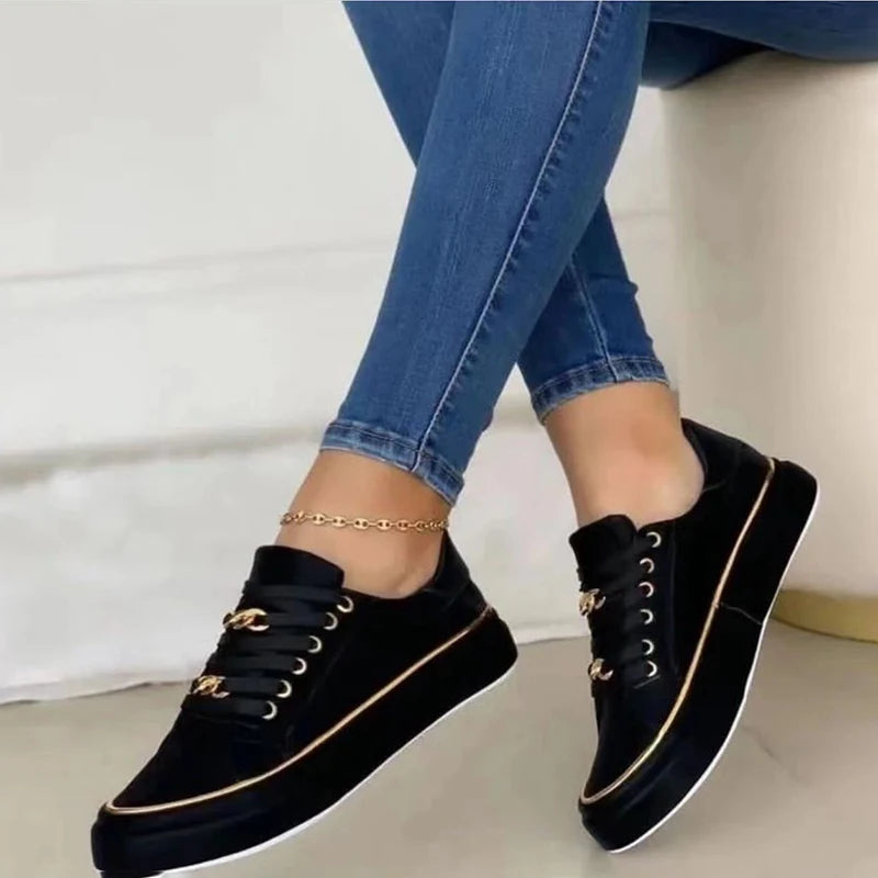Damen-Turnschuhe, neue Modekette, Leder, bequeme runde Zehen, Plateau-Turnschuhe, Schnür-Walking, vulkanisierte Damenschuhe