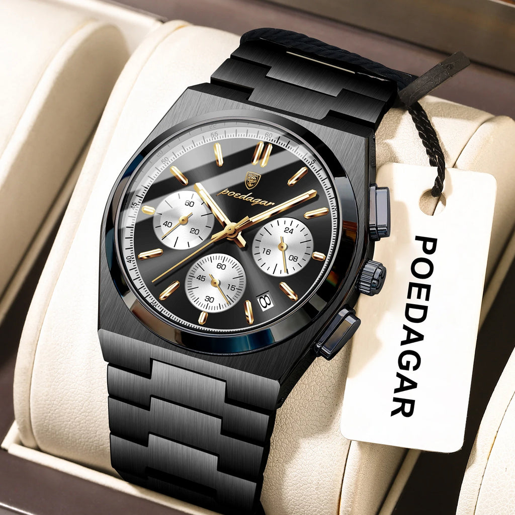 POEDAGAR Top Mode Mann Armbanduhr Chronograph Datum Edelstahl Business Männer Uhr Wasserdicht Leucht männer Quarz Uhren