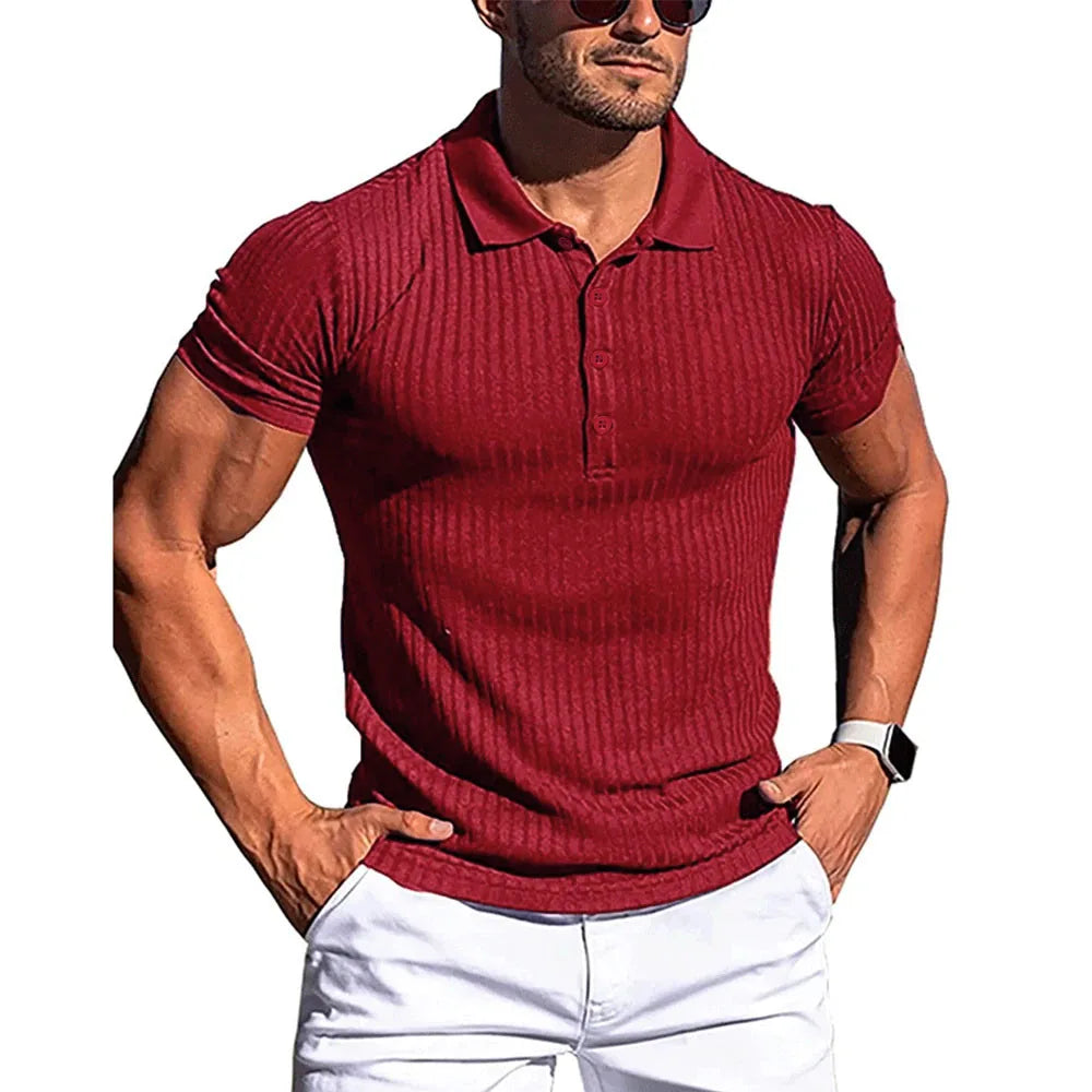 Neue Sommer Polo Männer Solide Streifen Fitness Elastizität Kurzarm Polo Shirts für Männer Mode Stehen Kragen Herren Shirts