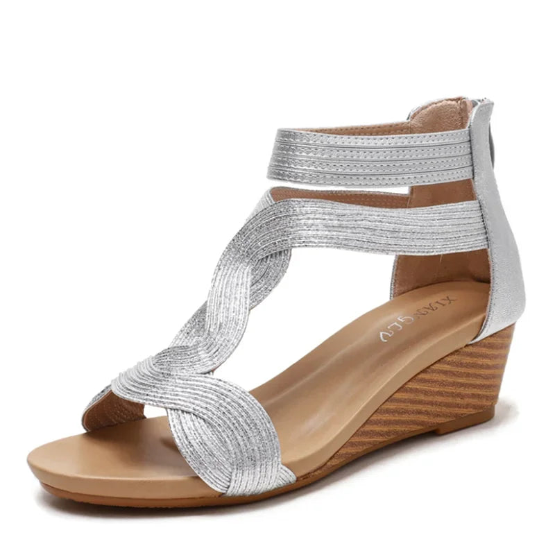 BEYARNE Sommer Sandalen Frauen Keile Schuhe Weichen Leder T Strap Zipper Öffnen Abdeckung Ferse Design Damen Schuhe Weiblichen Große Plus größe