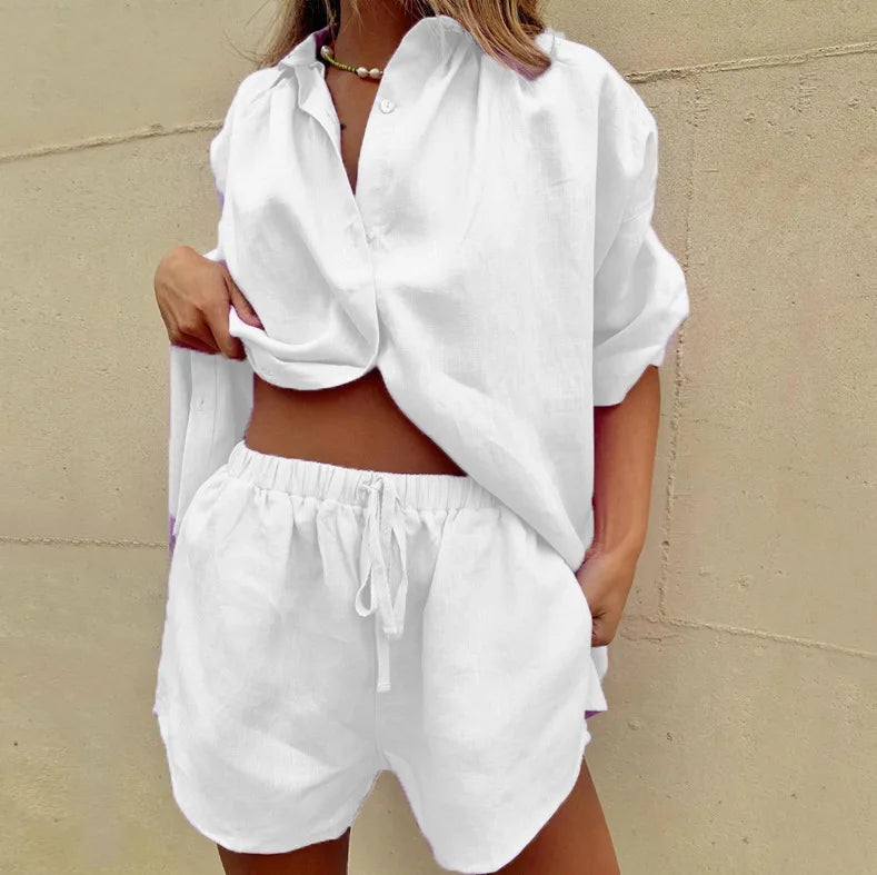 Casual Baumwolle Einfarbig Sets Frauen Kurzarm Lose Hemd Breite Bein Shorts Zwei Stück Set Frau Anzüge 2024 Sommer Outfits